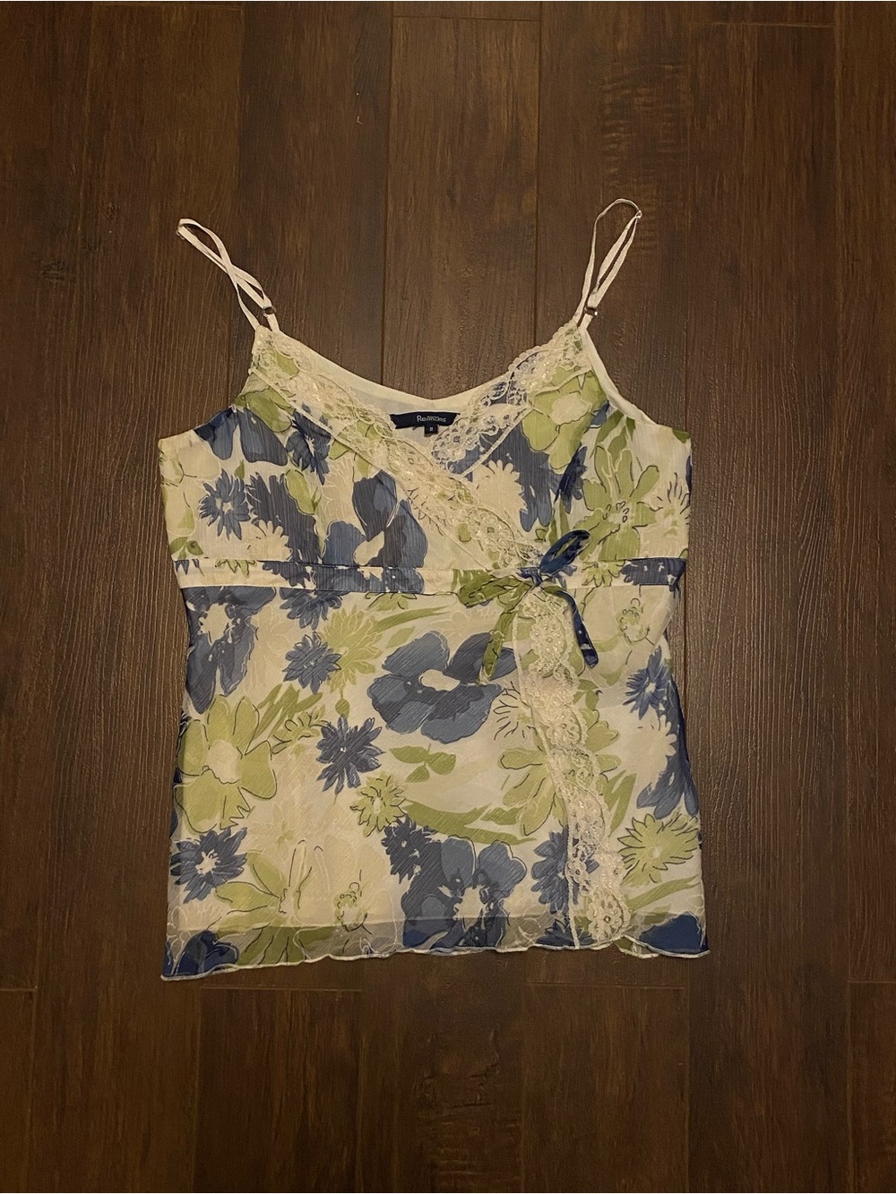 Floral Lace-Trim Cami Top in Blue and Green